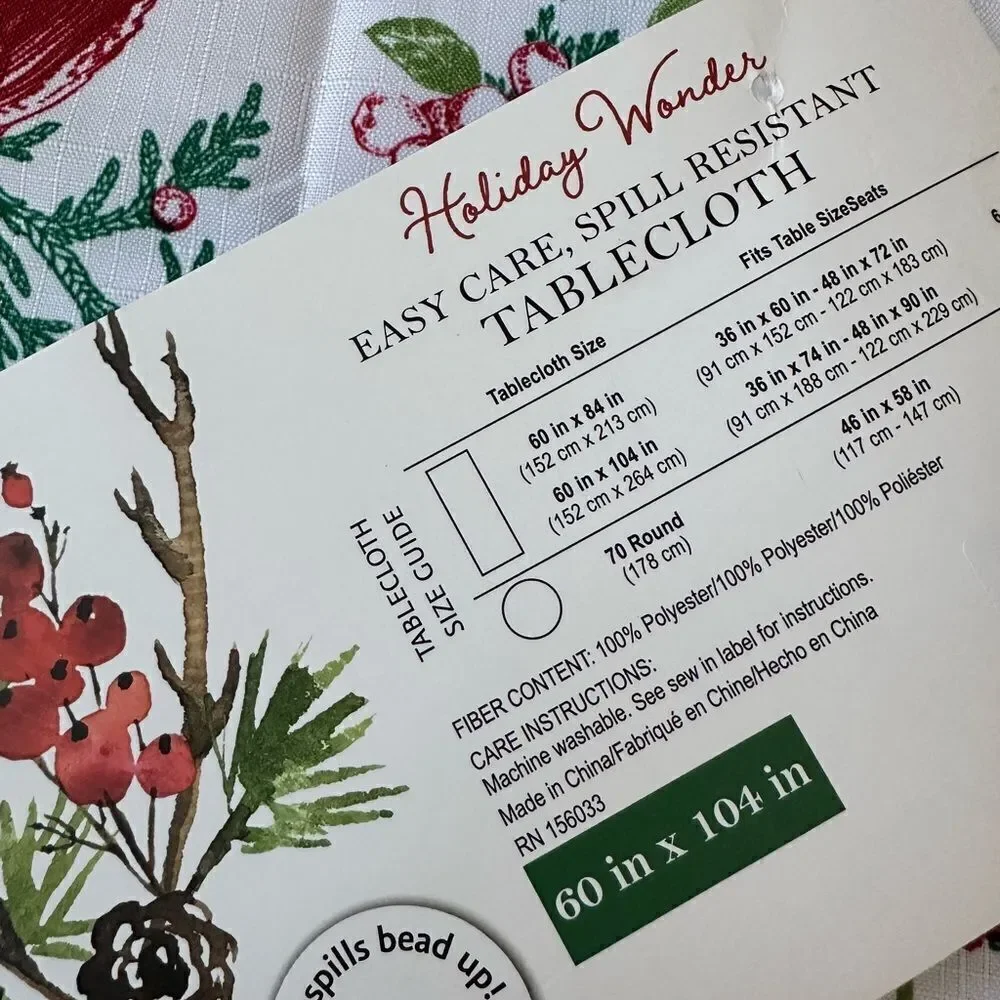 Christmas Tablecloth Botanical Bird Pine Tree Print